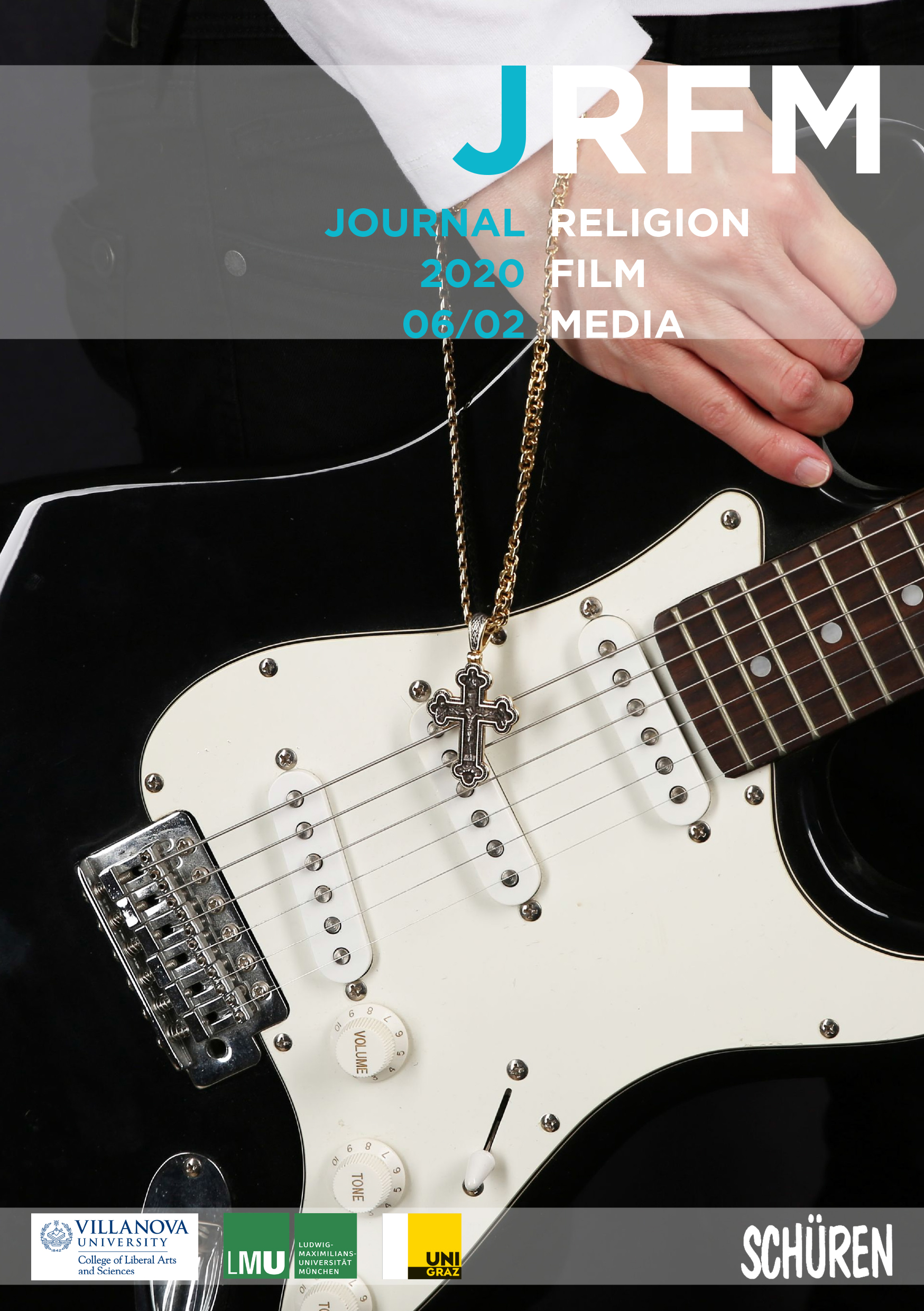 Musician playing the guitar while wearing a rosary